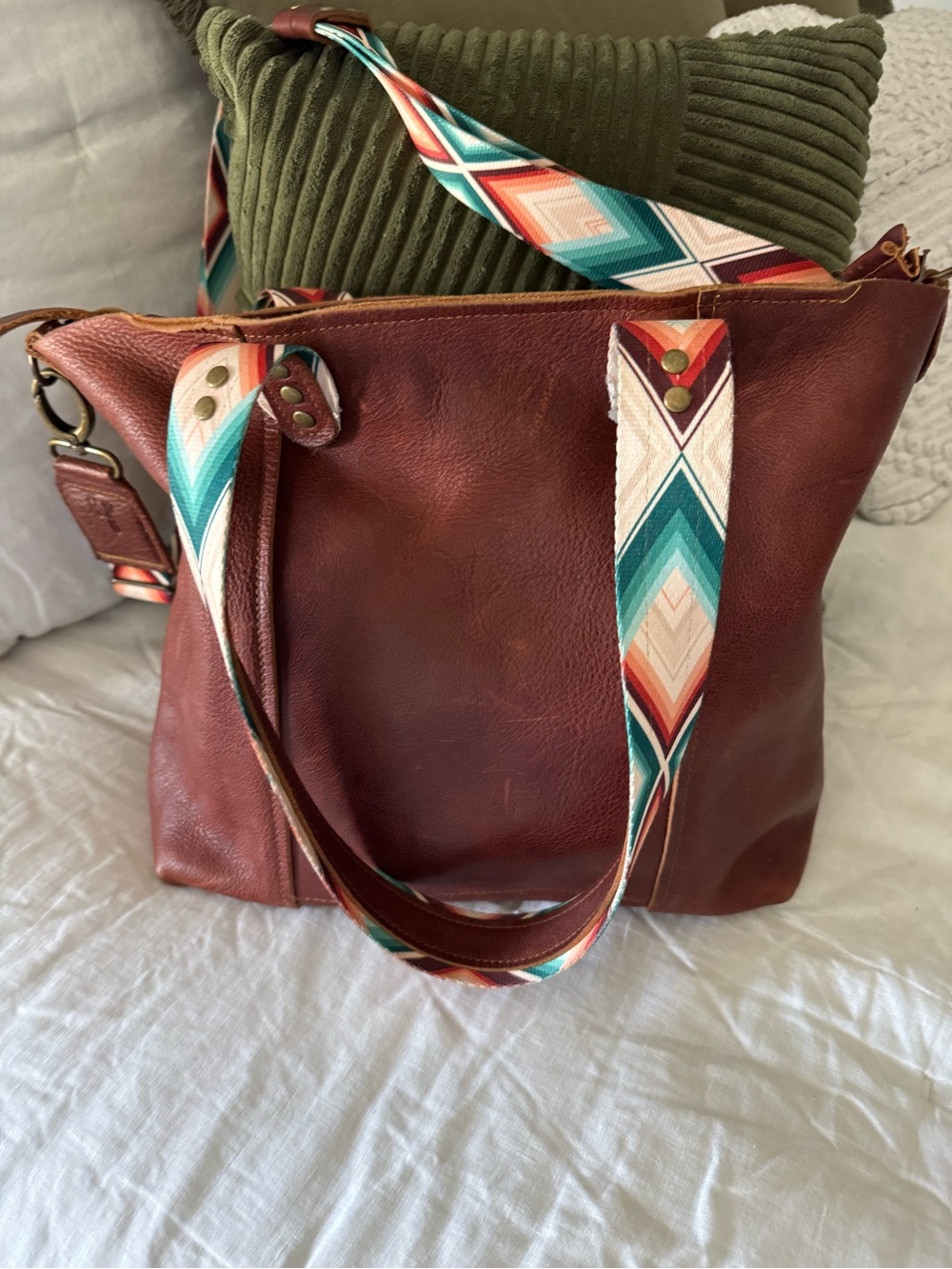 Brown Leather Crossbody Tote with Colorful Geometric Strap